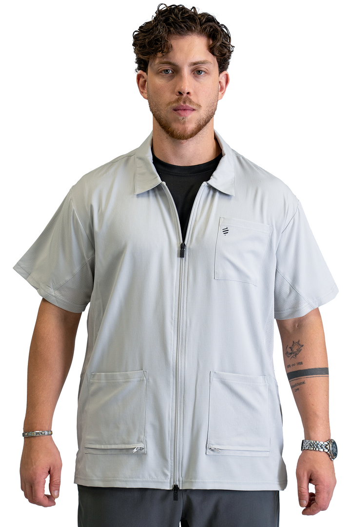 The Barber Jacket in Cool Gray, front view showing the 2-way zipper and zippered front pockets
