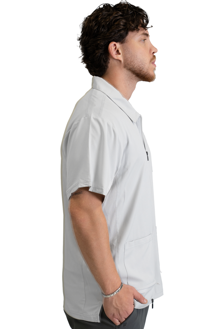 The Barber Jacket in Cool Gray, side view showing the mesh side panel