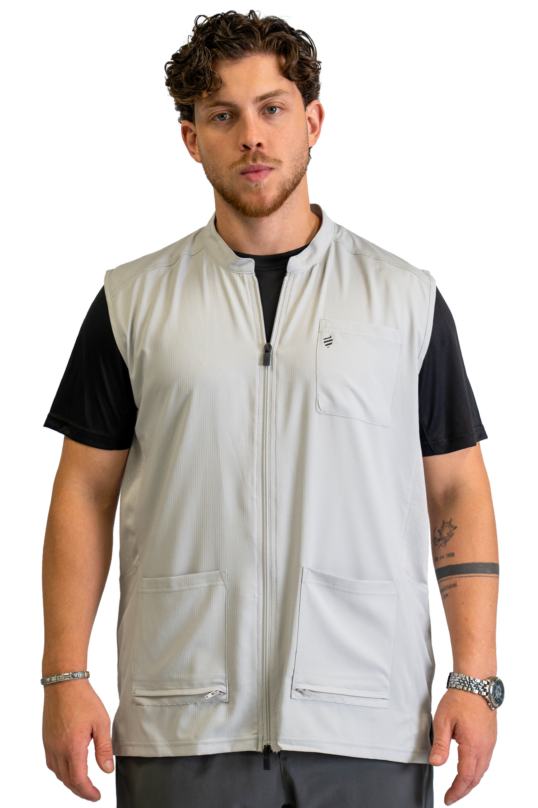 The Barber Vest in Cool Gray, front view showing the 2-way zipper and zippered front pockets