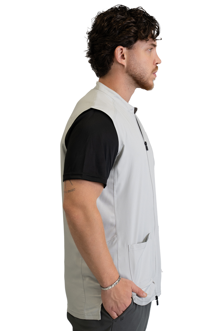 The Barber Vest in Cool Gray, side view showing the mesh side panel