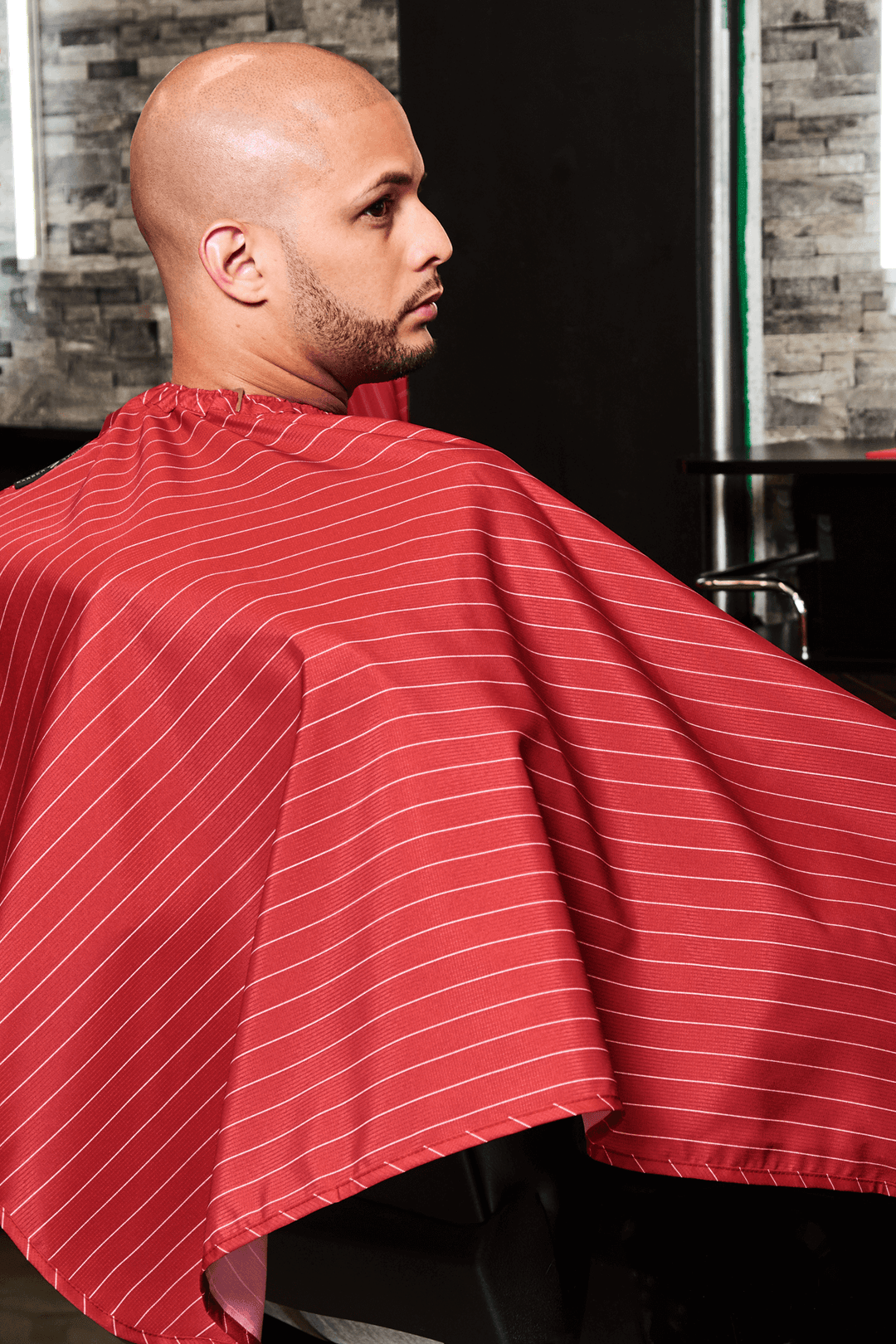 Barber Cape red with white pinstripe