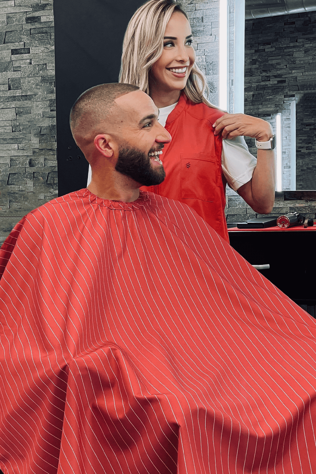 Barber Cape red with white pinstripe