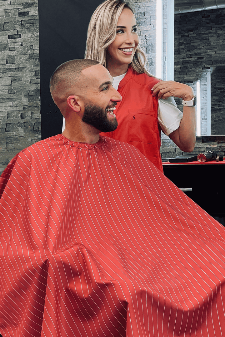 Barber Cape red with white pinstripe