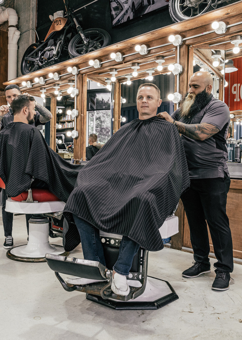 The Barber Cape | Black Pinstripe Barber Cape | Barber Shop Supply Apparel